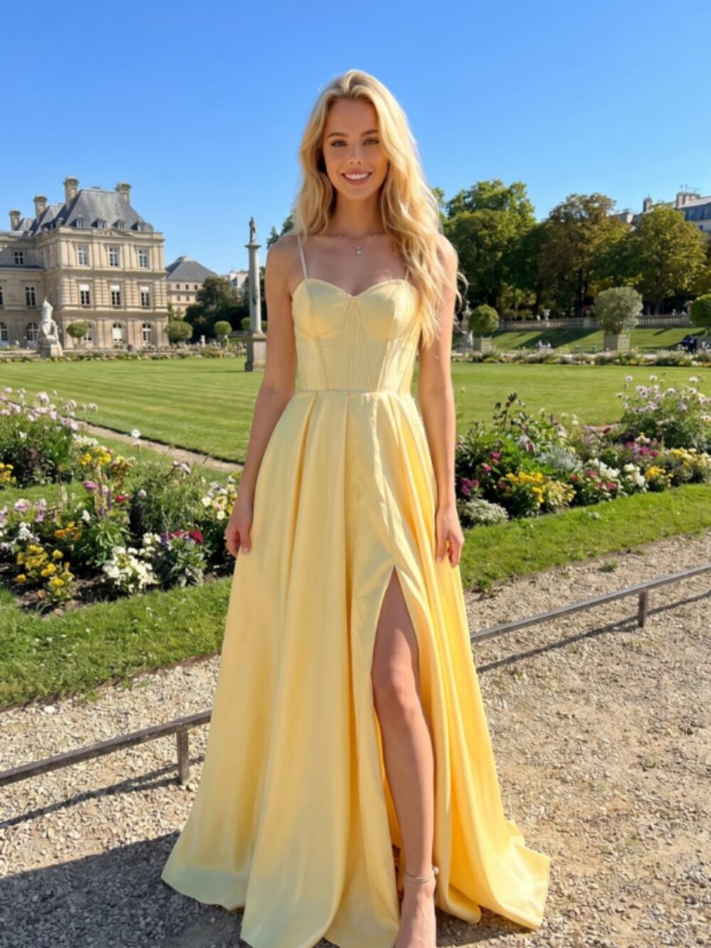 NEW YELLOW Satin Sweetheart Evening Gown Floor Length With Slit SL505